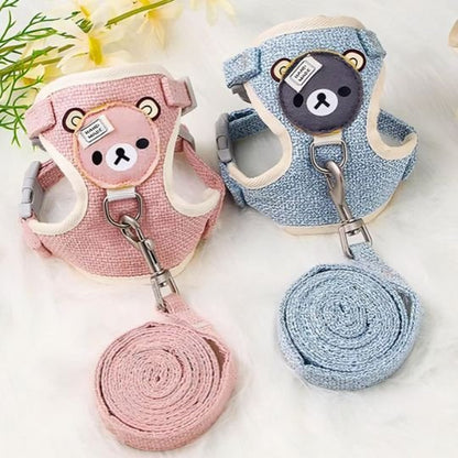 Harnais chat rose et bleu avec laisse assortie motif ourson