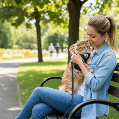 Harnais chat roux confortable et sécurisé