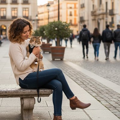 Harnais chat roux en ville avec propriétaire