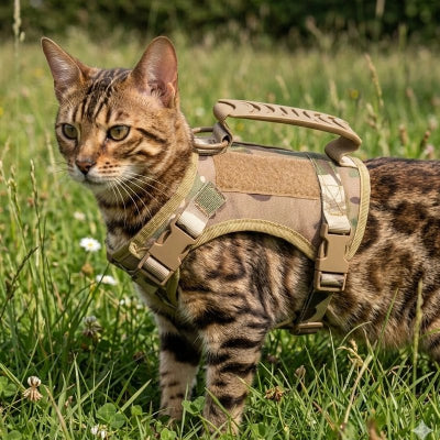 Harnais chat tactique marron motif multicam avec poignée, porté par un chat Bengal dans l'herbe