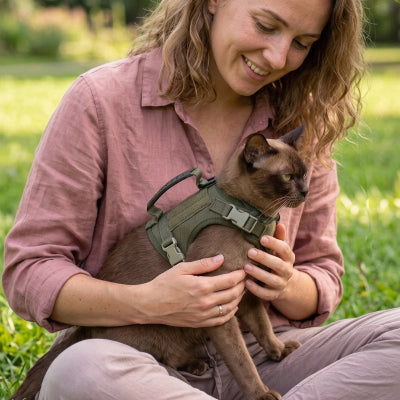 Harnais chat tactique vert avec poignée, porté par un chat Burmese brun tenu par une femme