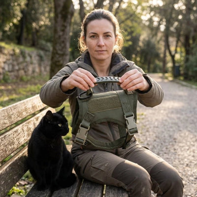 Harnais chat tactique vert avec poignée tenue par une femme, chat noir assis à côté sur un banc