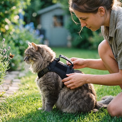 Harnais chat tactique noir avec poignée, ajusté par une femme sur un chat Maine Coon dans un jardin