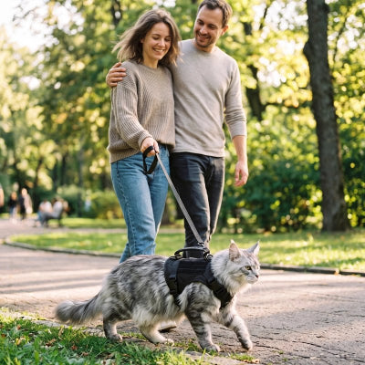 Harnais chat tactique noir avec poignée, porté en laisse par un chat Maine Coon gris dans un parc