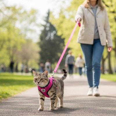 Harnais chat tigré en promenade au parc