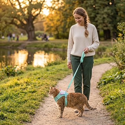  Harnais chat papillon bleu porté par un chat roux, promené en laisse le long d'un étang