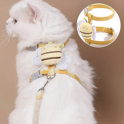 Harnais pour chat jaune avec peluche abeille – réglable et sécurisé