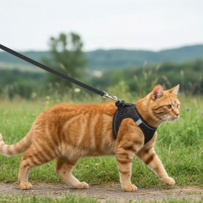 Harnais chat respirant avec laisse - Chat roux en balade sécurisée dans la nature
