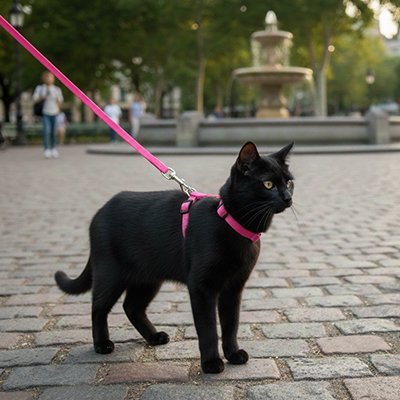 Chat noir avec harnais rose en ville