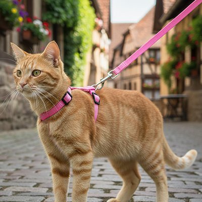 Chat roux en harnais rose – balade urbaine