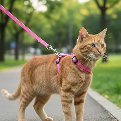 Chat roux en harnais rose en promenade