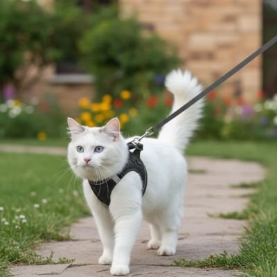 Harnais anti-étranglement pour chat blanc - Accessoire promenade chat sécurisé.
