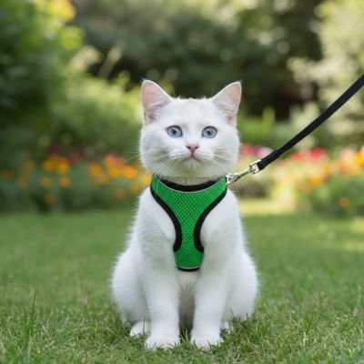 Harnais chat vert ajustable avec laisse - Équipement promenade pour chaton et chat adulte.
