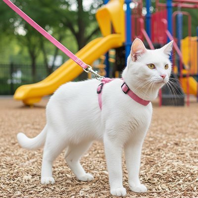 Chat blanc en harnais rose en extérieur