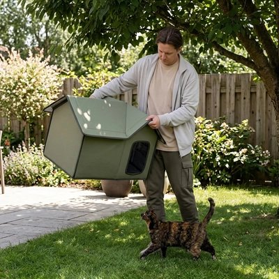 Homme assemblant une maison pour chat extérieure pliable verte dans un jardin