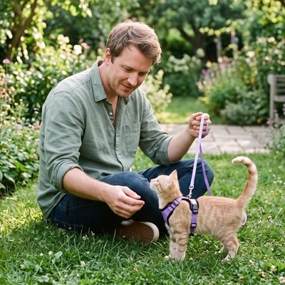 Homme assis dans l'herbe avec son chaton portant un harnais chat violet