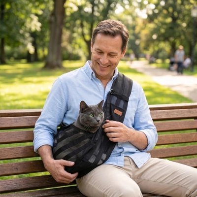 Homme assis sur un banc avec un chat gris dans un sac de transport rayé noir