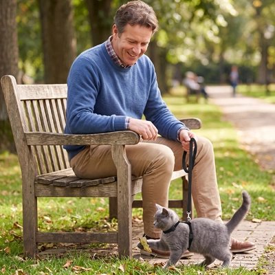 Homme assis sur un banc jouant avec son chaton en harnais noir dans un parc