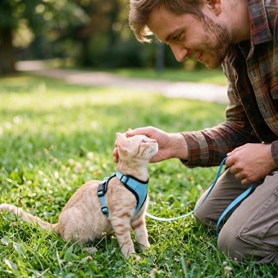 Homme caressant son chaton roux portant un harnais chat bleu dans un parc