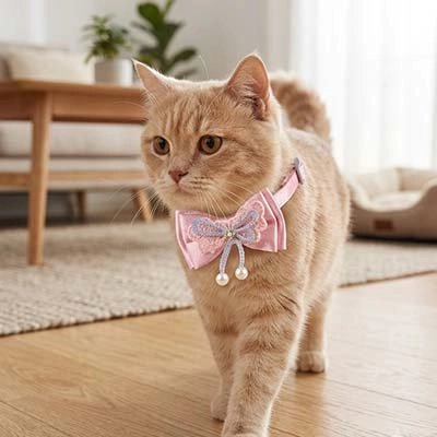 Homme caressant un chat au collier papillon rose sur canapé