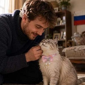 Homme caressant un chat portant un collier noeud rose