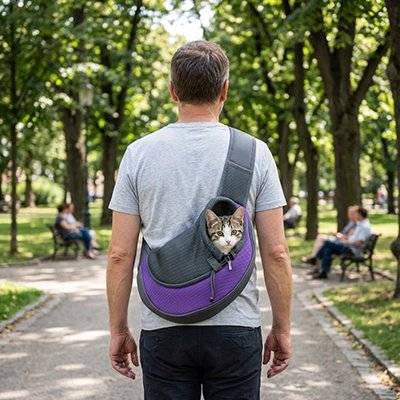 Homme de dos portant un sac de transport pour chat bandoulière violet avec un chat dans un parc