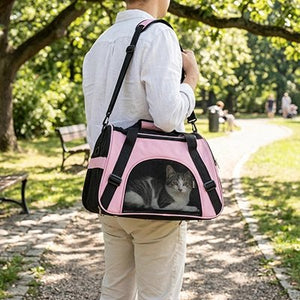 Homme de dos portant un sac de transport pour chat rose avec bandoulière dans un parc