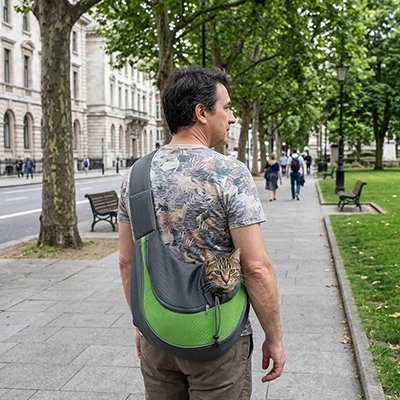 Homme de dos portant un sac de transport pour chat vert en bandoulière lors d'une promenade en ville