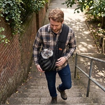 Homme montant des escaliers avec un chat dans un sac de transport rayé noir