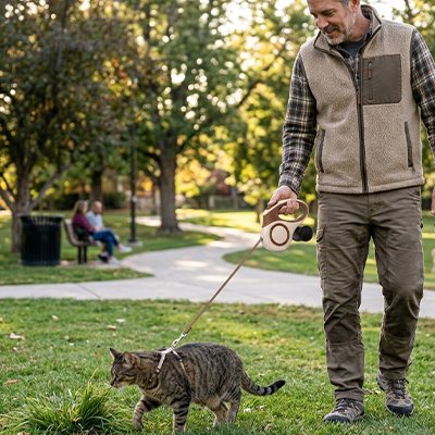 Homme en gilet beige promenant son chat tigré avec laisse rétractable beige sur un chemin de parc, promenade sécurisée