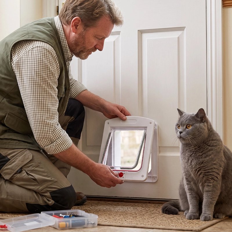 Homme installant une chatière pour chat blanche sur une porte, chat British Shorthair gris à proximité