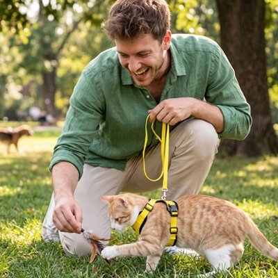Homme jouant avec son chat roux portant un harnais chat jaune dans un parc