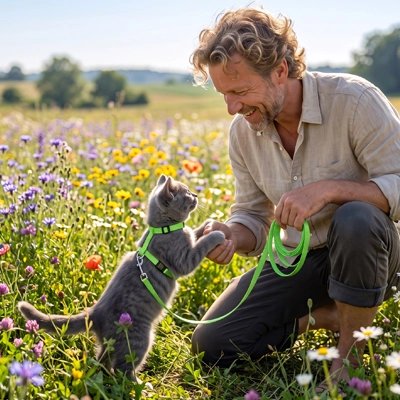 Homme jouant avec son chaton gris portant un harnais vert dans un champ fleuri