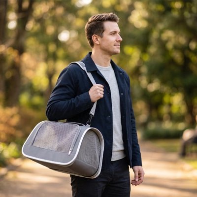 Homme marchant avec un sac de transport chat gris dans une allée automnale