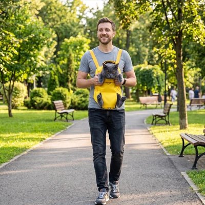 Homme marchant dans un parc avec son chat noir dans un sac de transport jaune