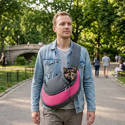 Homme marchant dans un parc avec un sac de transport pour chat bandoulière rose et son chat