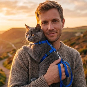 Homme portant son chat british shorthair avec un harnais chaton bleu au coucher du soleil