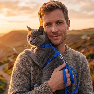 Homme portant son chat british shorthair avec un harnais chaton bleu au coucher du soleil