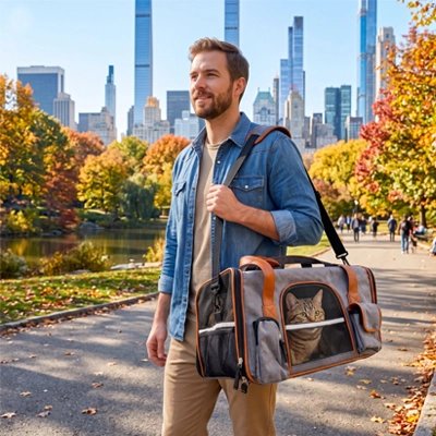 Homme portant un sac de transport chat avec vue sur les gratte-ciels en automne