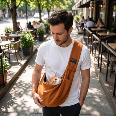 Homme portant un sac de transport chat couleur brun devant une terrasse de restaurant