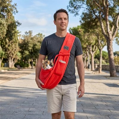 Homme portant un sac de transport chat rouge dans une allée bordée d'arbres