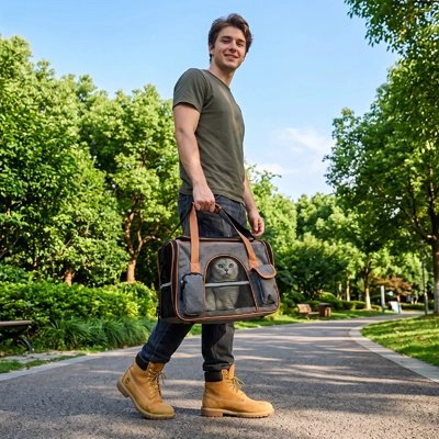 Homme portant un sac de transport chat vintage gris et marron dans une allée verdoyante