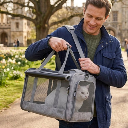 Homme portant un sac de transport pour chat gris chiné, chat blanc visible devant un château