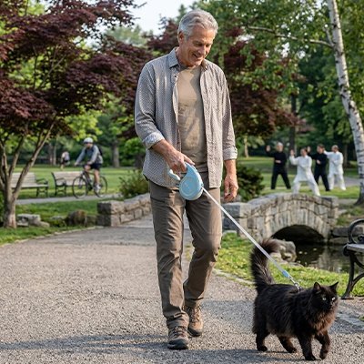 Homme promenant chat noir en laisse rétractable bleue