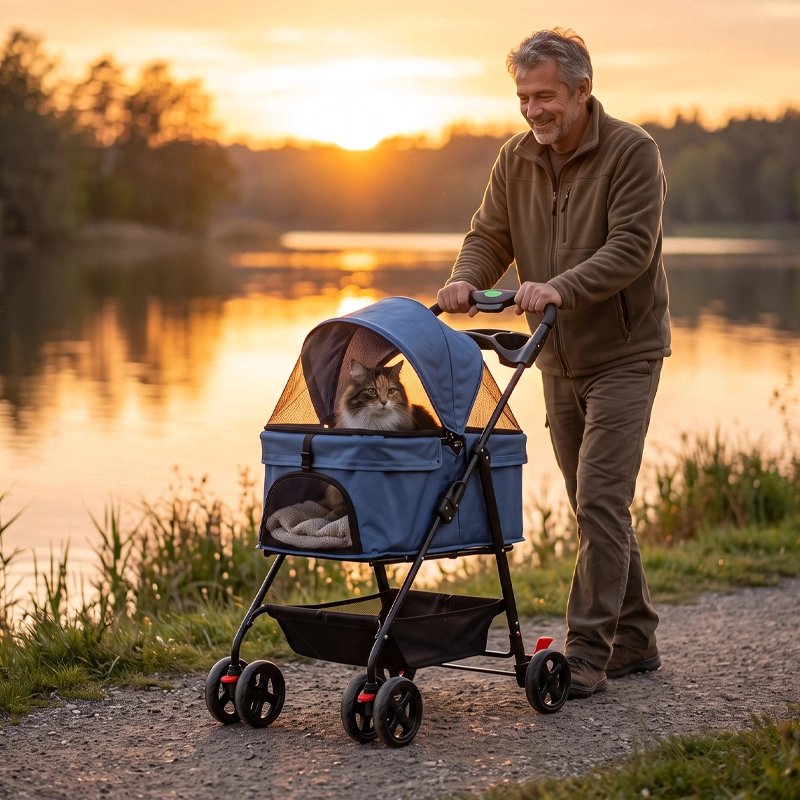 Homme promenant son chat dans une poussette pour chat au bord d'un lac au coucher du soleil