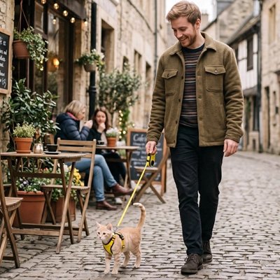 Homme promenant son chat en harnais jaune et noir dans une ruelle pavée