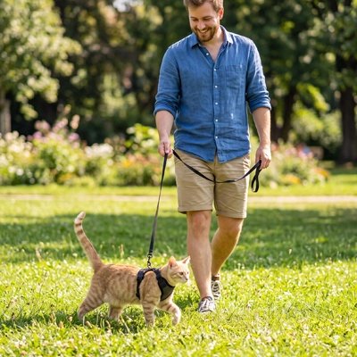 Homme promenant son chat roux en harnais gris sur une pelouse fleurie