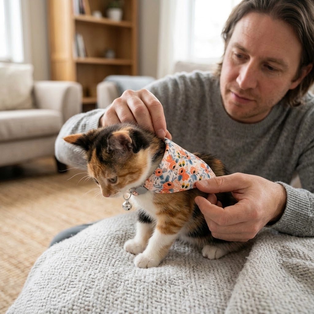 Homme qui ajuste un bandana pour chat à fleurs corail sur un chaton écaille de tortue avec un grelot