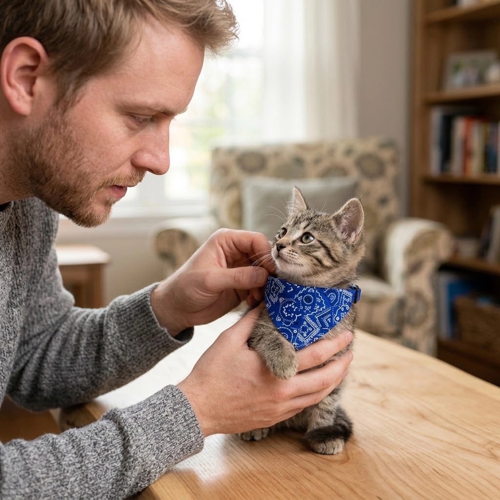 Homme qui ajuste un bandana pour chat bleu à motifs cachemire sur un petit chaton tigré posé sur une table