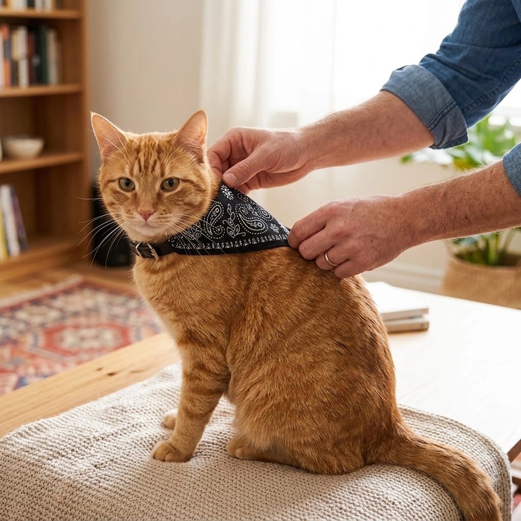 Homme qui installe un bandana pour chat noir à motifs cachemire avec collier à boucle sur un chat roux